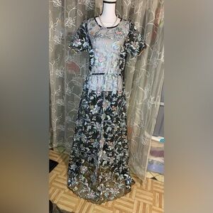 Lularoe Deanne II Black Floral Embroidered Mesh Overlay Maxi Dress Pastel Blue